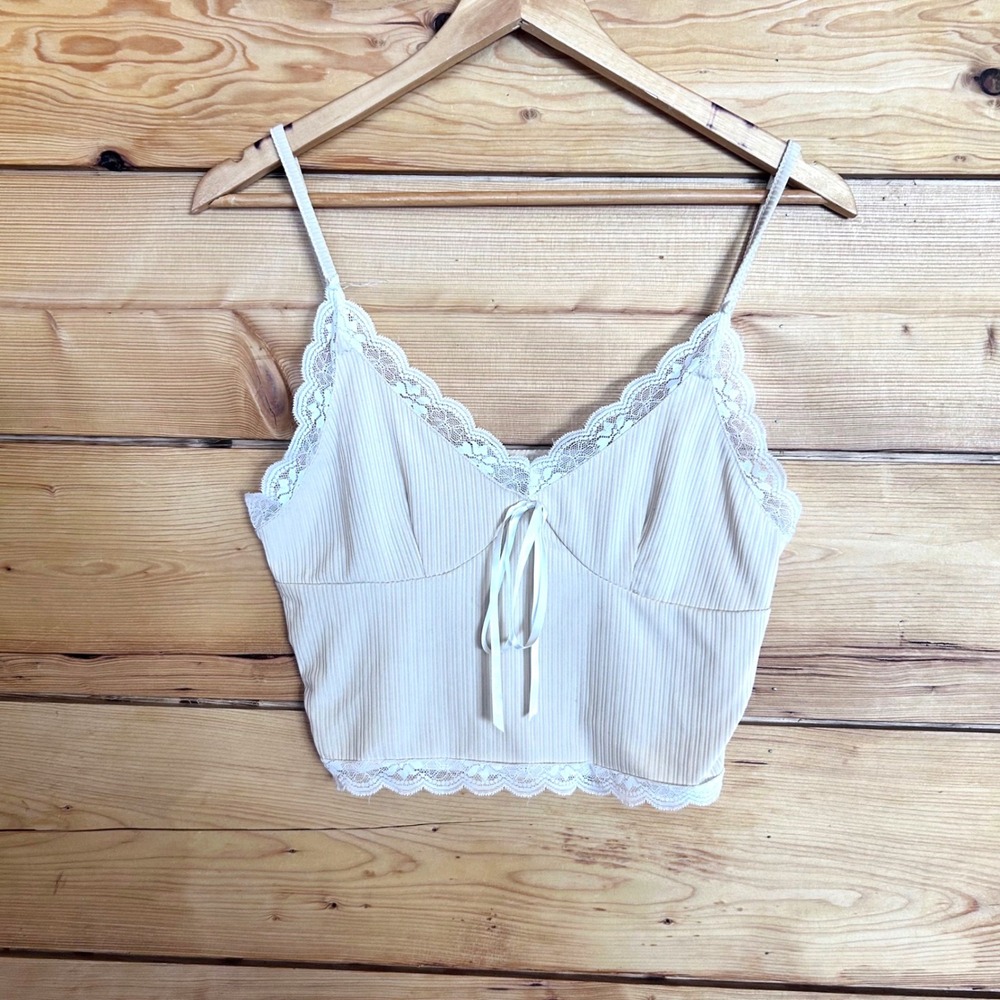 Ribbed Cami Crop Top Women Large Beige Lace Trim Bow Detail Coquette Y2K Summer